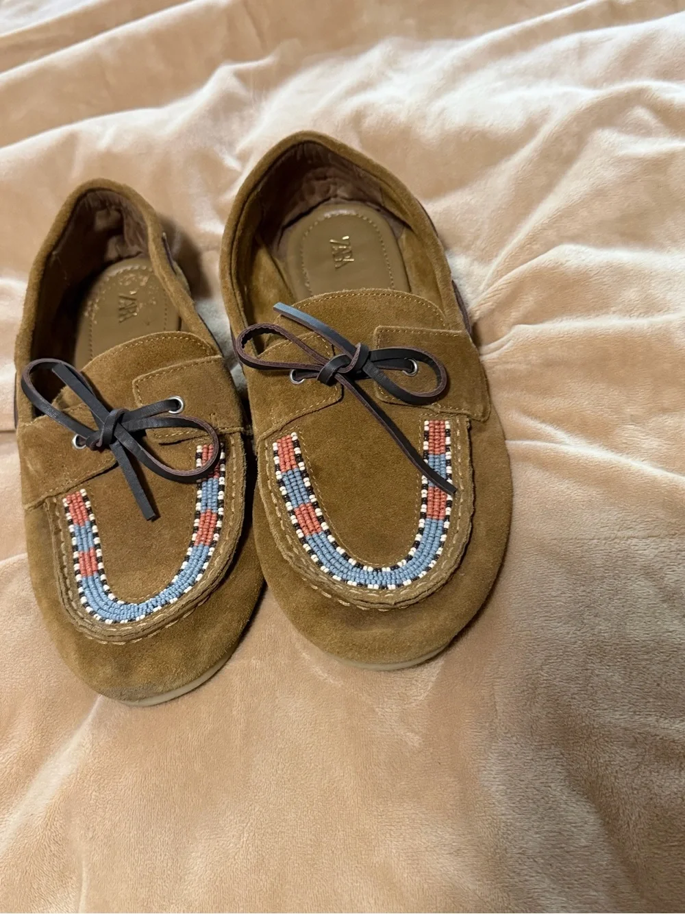 Zara Suede Moccasin Loafers in Olive Brown with Beaded Detail Women’s 40/10